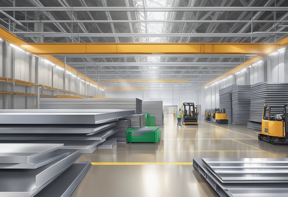 Aluminum composite panels stacked in a factory warehouse, with machinery and workers in the background