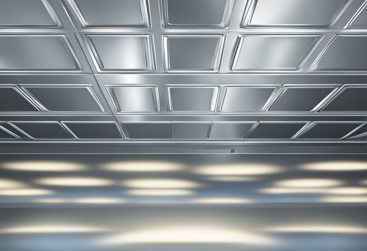 An aluminum ceiling panel reflects overhead lights, with subtle ridges and a smooth metallic surface