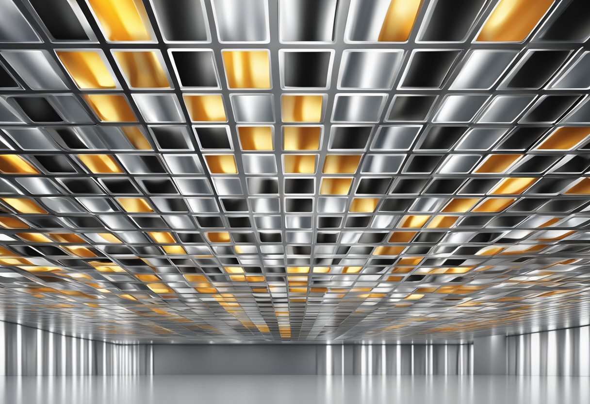 Aluminum ceiling panels arranged in a grid pattern, reflecting light and creating a sleek, modern look