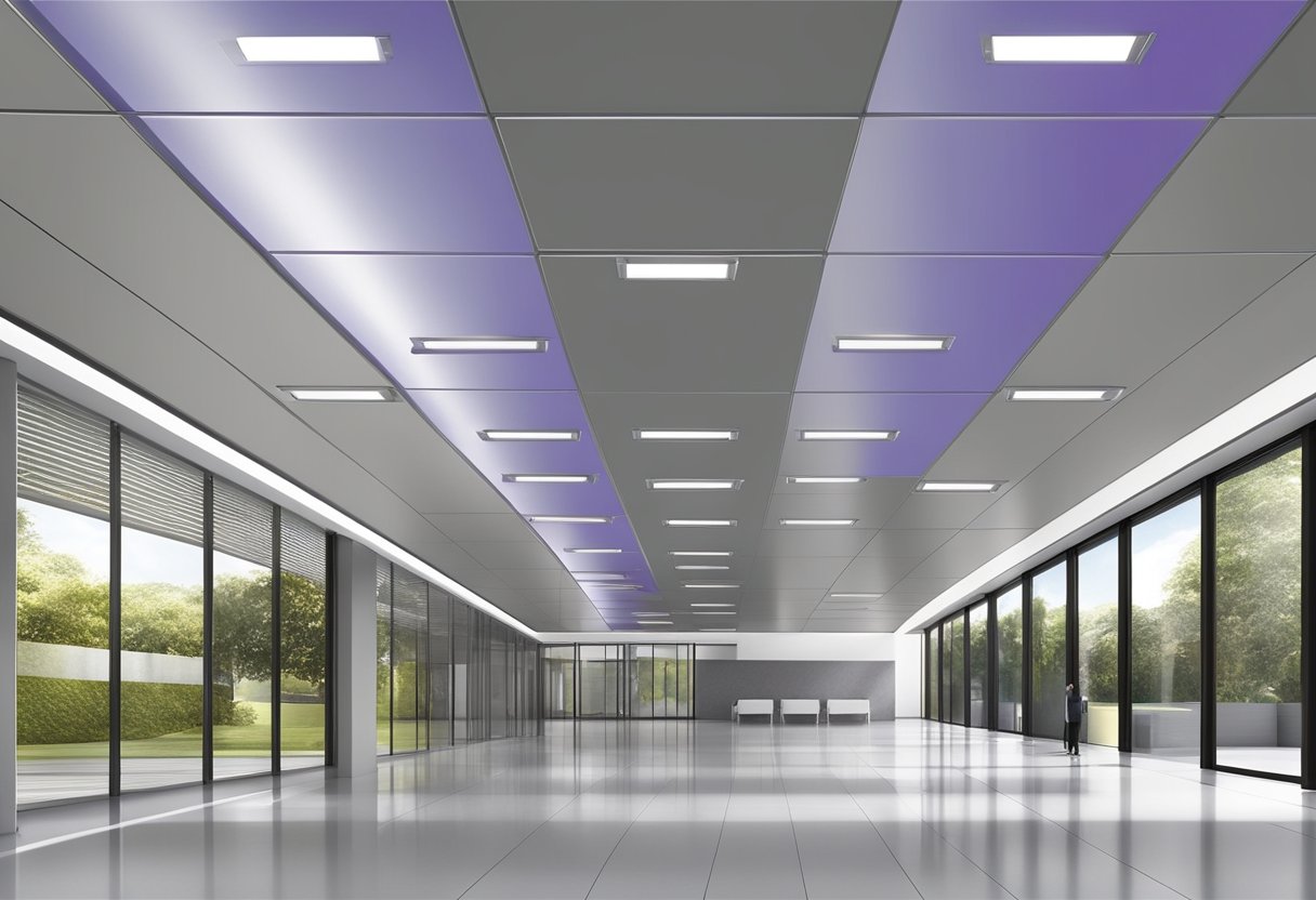 Aluminum ceiling panels gleam in the sunlight, reflecting a modern and sleek appearance. The panels are lightweight and easy to install, providing a durable and low-maintenance solution for commercial and residential spaces