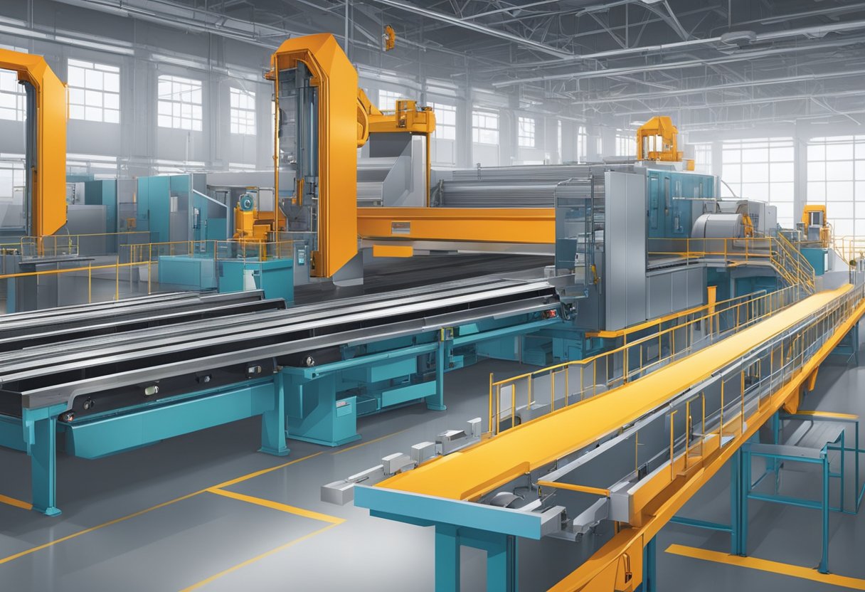A factory floor with large machines and conveyor belts producing aluminum composite panels