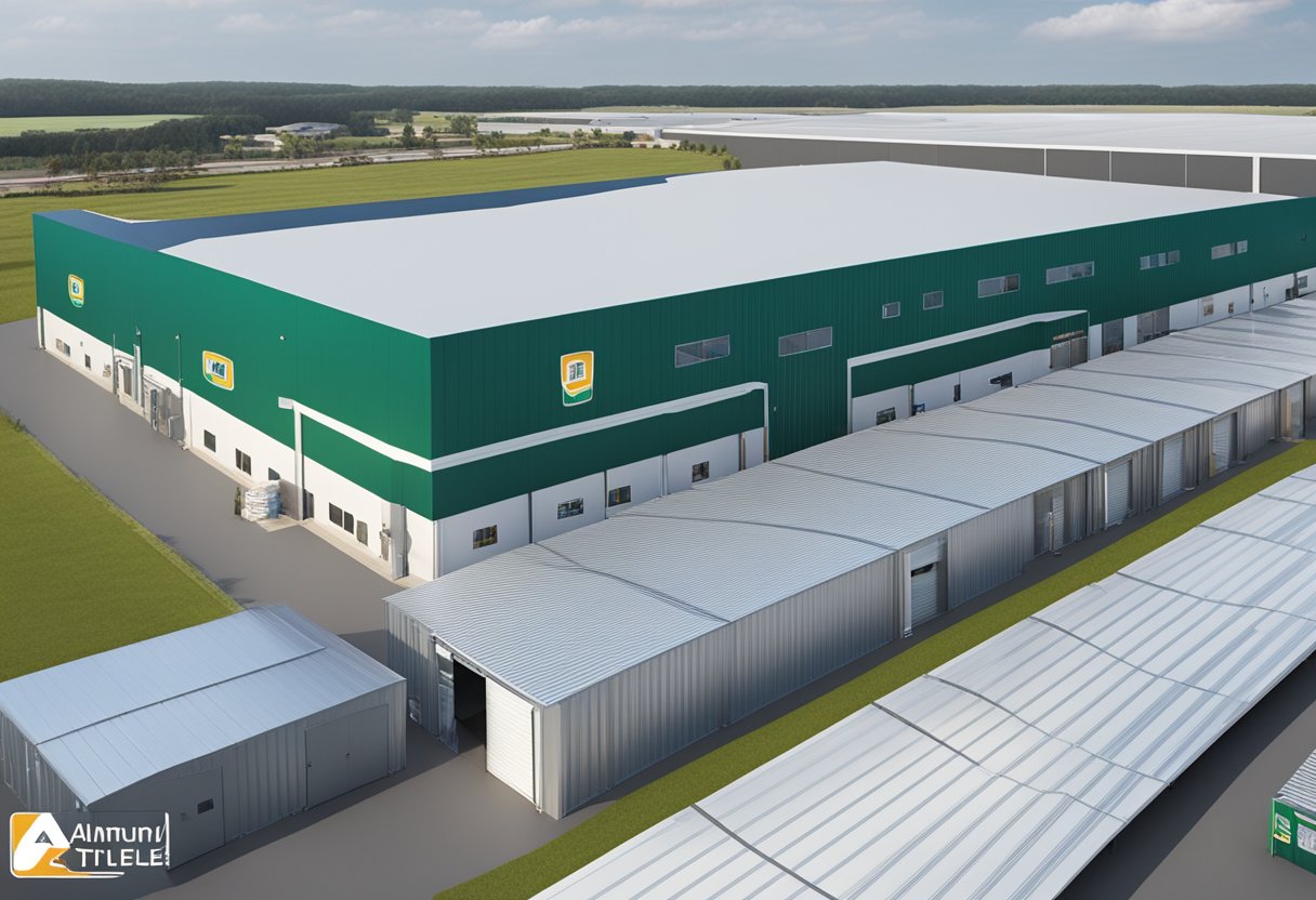 An aerial view of a warehouse with stacks of aluminum composite panels, with suppliers' logos displayed prominently