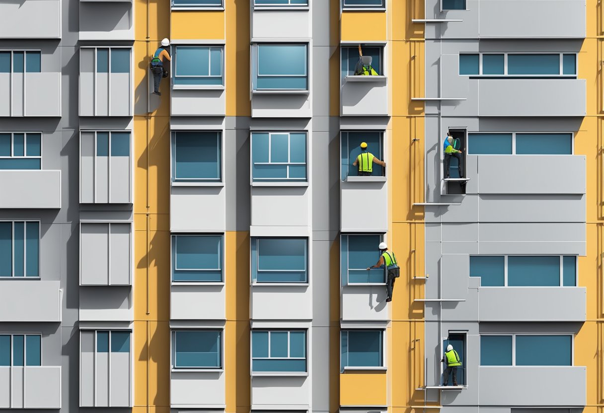 Aluminum composite panels being installed on a building facade by workers. Panels reflect sunlight, providing energy efficiency and durability