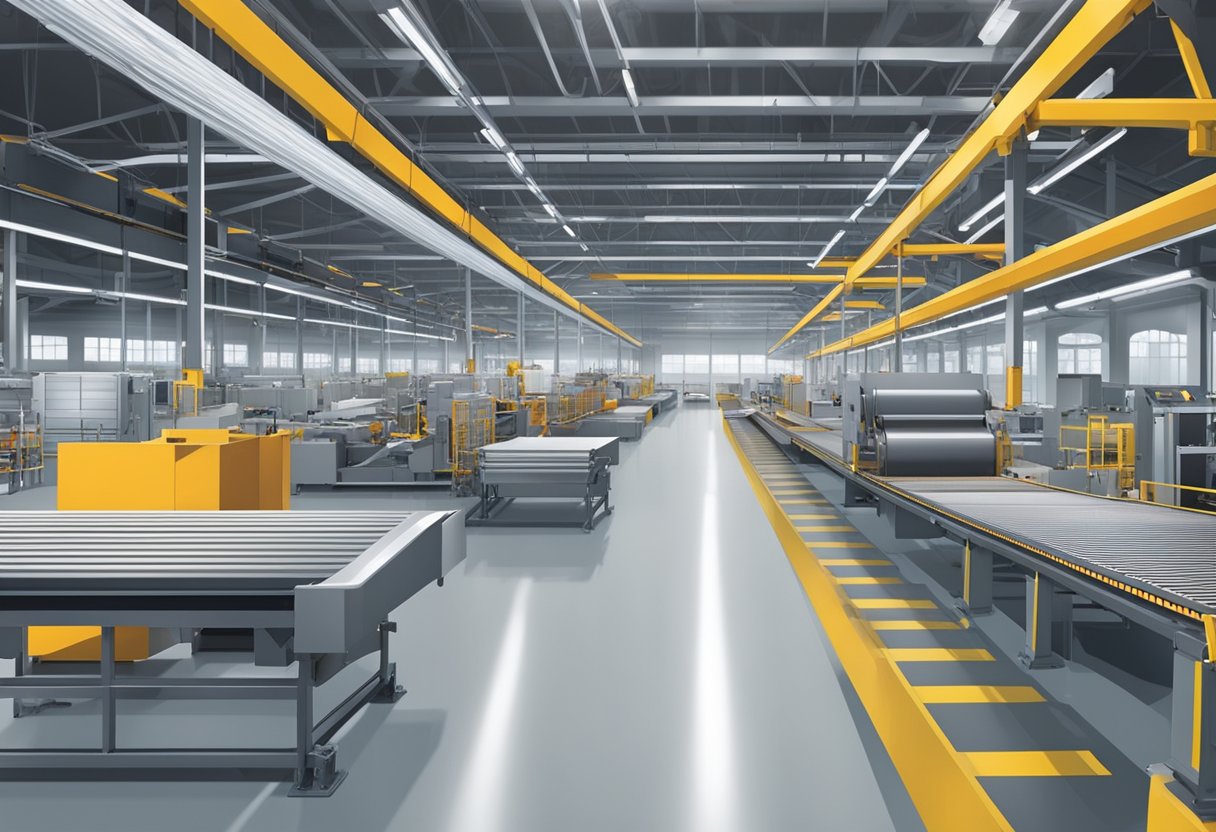 A factory floor with large machines and conveyor belts, producing aluminum composite panels in various colors and sizes