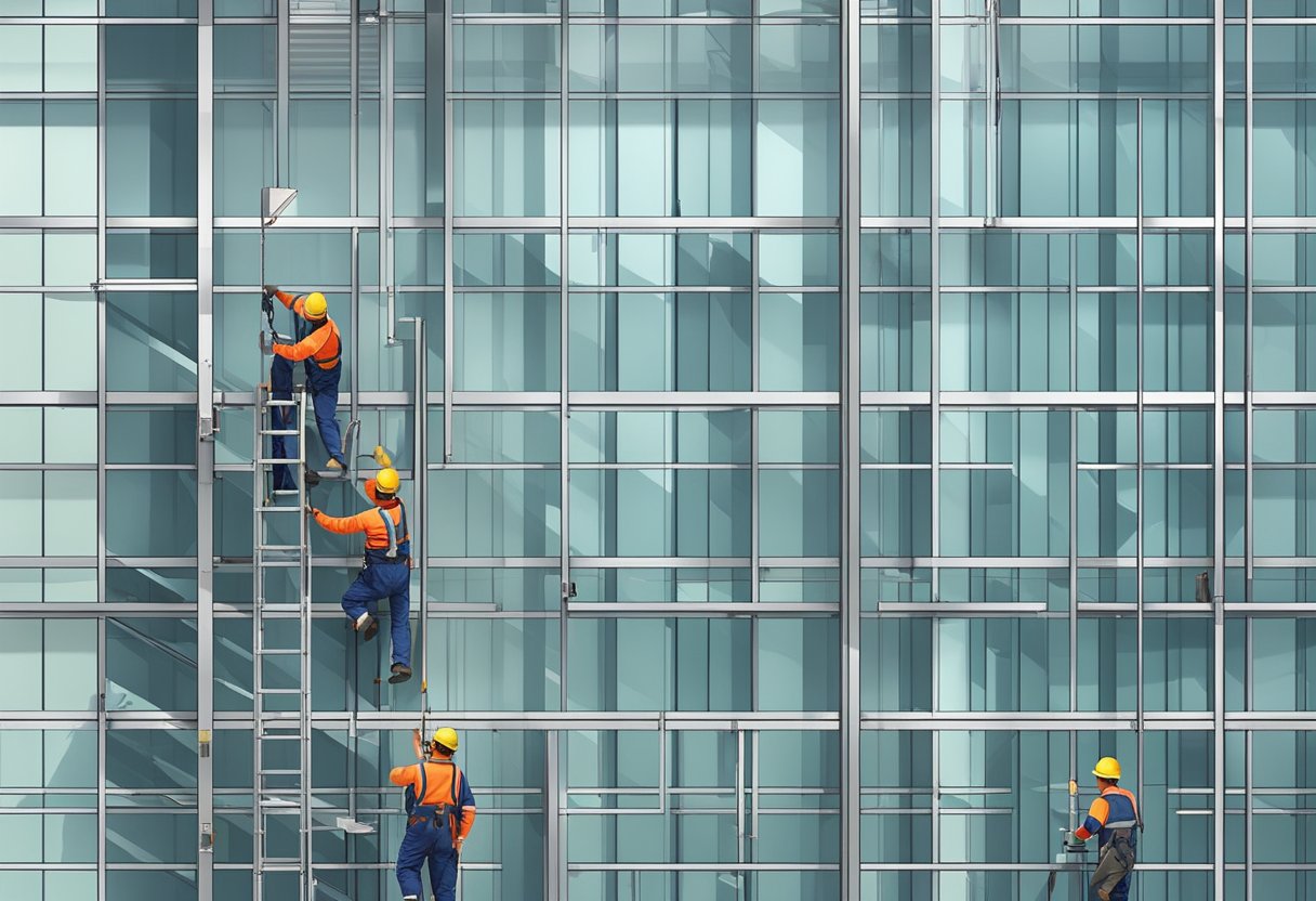 Workers installing aluminum panels onto building facade with power tools and safety equipment