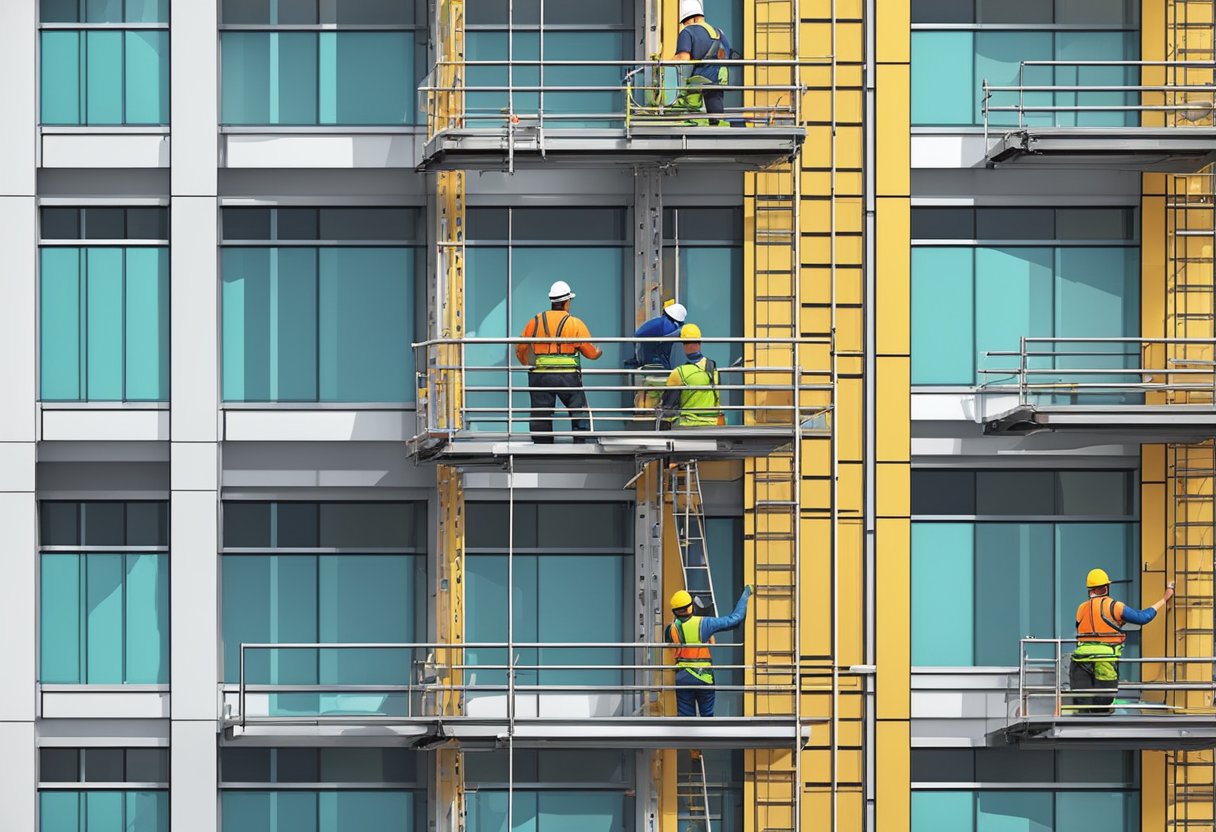 Workers wearing safety helmets and harnesses install aluminum composite panels on a high-rise building, using scaffolding and safety nets