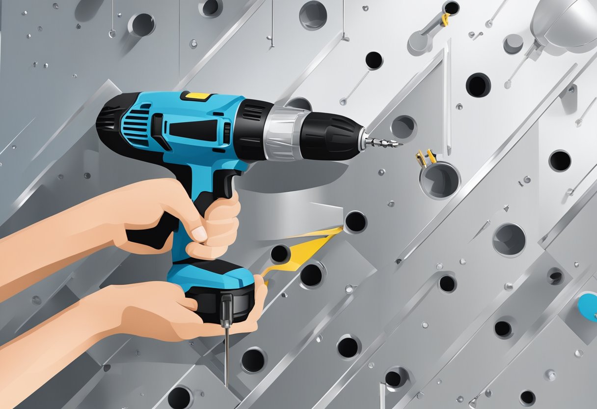 An aluminum panel being installed with screws and a drill on a clean, flat surface