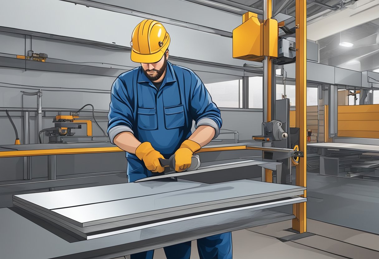 A worker cuts aluminum composite panels with a saw in a fabrication workshop. Panels are stacked in the background