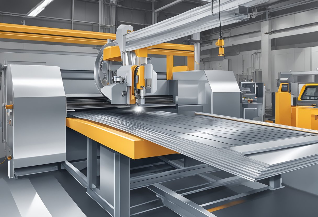 An aluminum composite panel being cut and shaped by machinery in a fabrication workshop