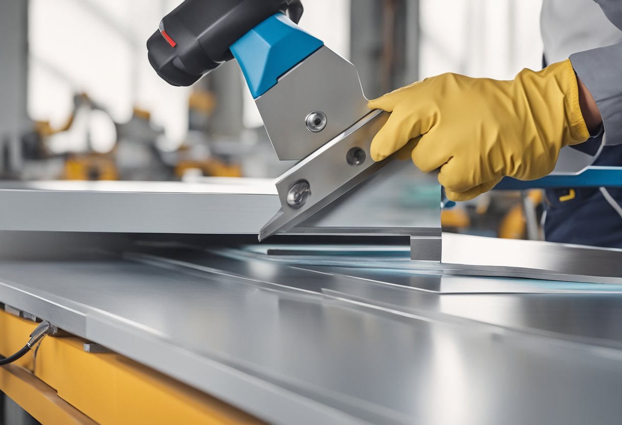 A worker wearing gloves and safety goggles cuts aluminum composite panels with a sharp tool on a stable workbench