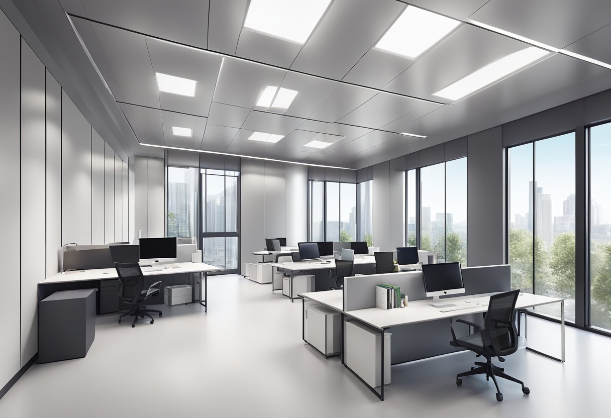 A modern office with sleek aluminium false ceiling panels, clean lines, and minimalist design