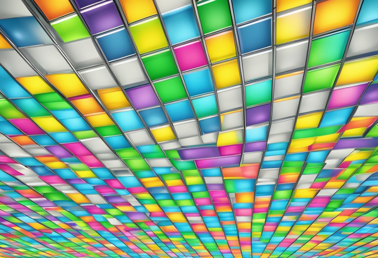 Suspended ceiling tiles hang in a grid pattern, with fluorescent lights shining through